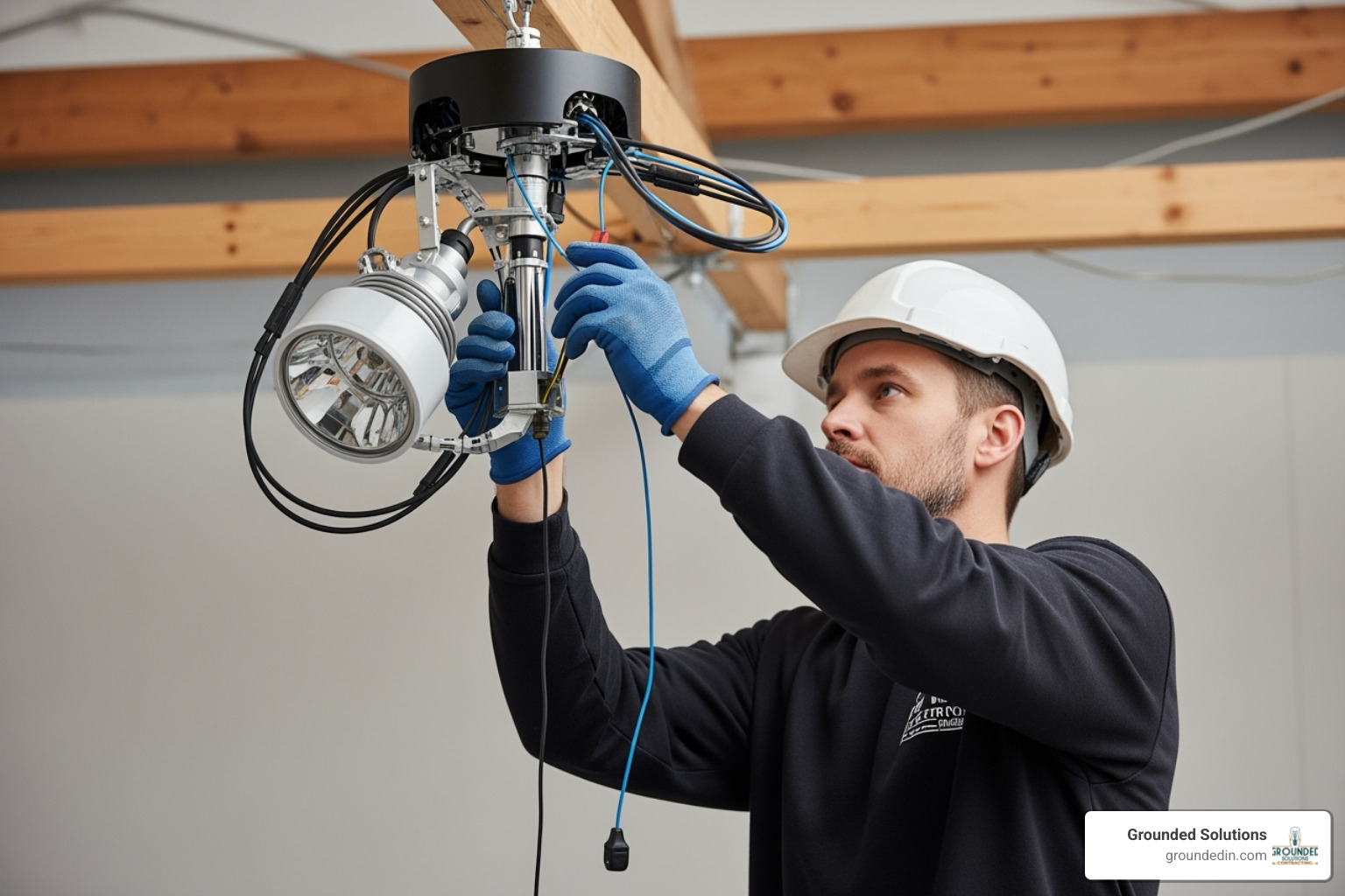 Electrician carefully installing a complex custom fixture - custom lighting design