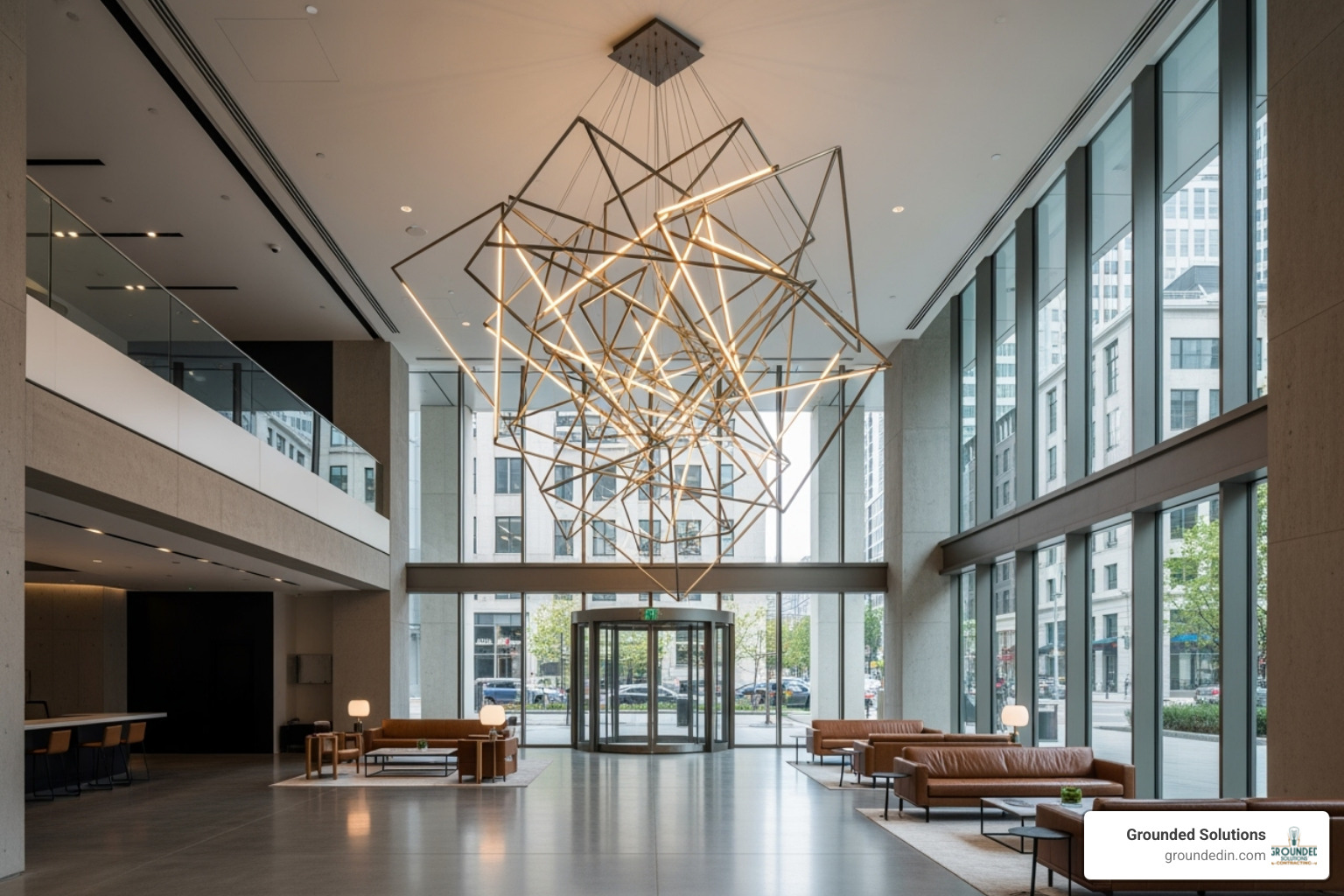 Custom lighting fixture perfectly scaled to a large commercial lobby - custom lighting design
