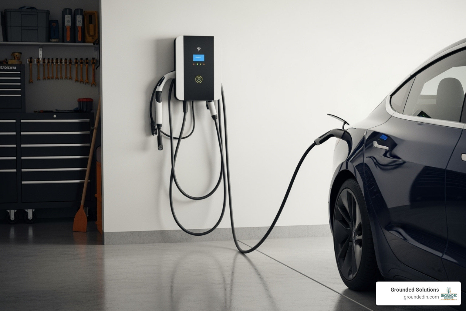 professionally installed EV charger in a residential garage - Indianapolis Electrical Installation professionally installed EV charger in a residential garage - Indianapolis Electrical Installation