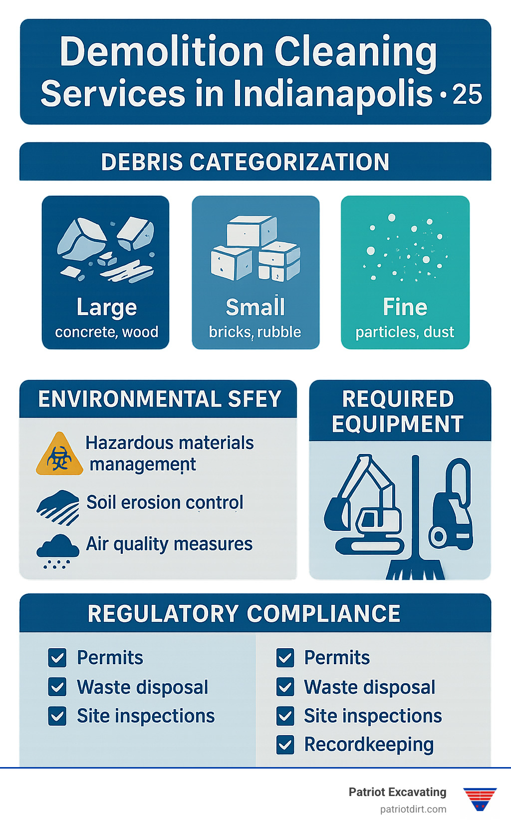 Comprehensive breakdown of post-demolition cleaning process including debris categorization by size and type, environmental safety protocols for Indianapolis projects, required equipment specifications, and regulatory compliance checklist - demolition cleaning services in indianapolis infographic Comprehensive breakdown of post-demolition cleaning process including debris categorization by size and type, environmental safety protocols for Indianapolis projects, required equipment specifications, and regulatory compliance checklist - demolition cleaning services in indianapolis infographic