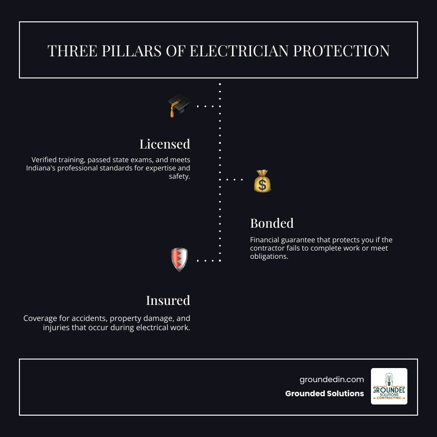 Infographic showing three pillars of excavation contractor protection: License representing expertise and compliance, Bond representing financial guarantee and project completion, and Insurance representing accident protection and liability coverage - Licensed bonded insured excavation contractor infographic infographic-line-3-steps-dark Infographic showing three pillars of excavation contractor protection: License representing expertise and compliance, Bond representing financial guarantee and project completion, and Insurance representing accident protection and liability coverage - Licensed bonded insured excavation contractor infographic infographic-line-3-steps-dark