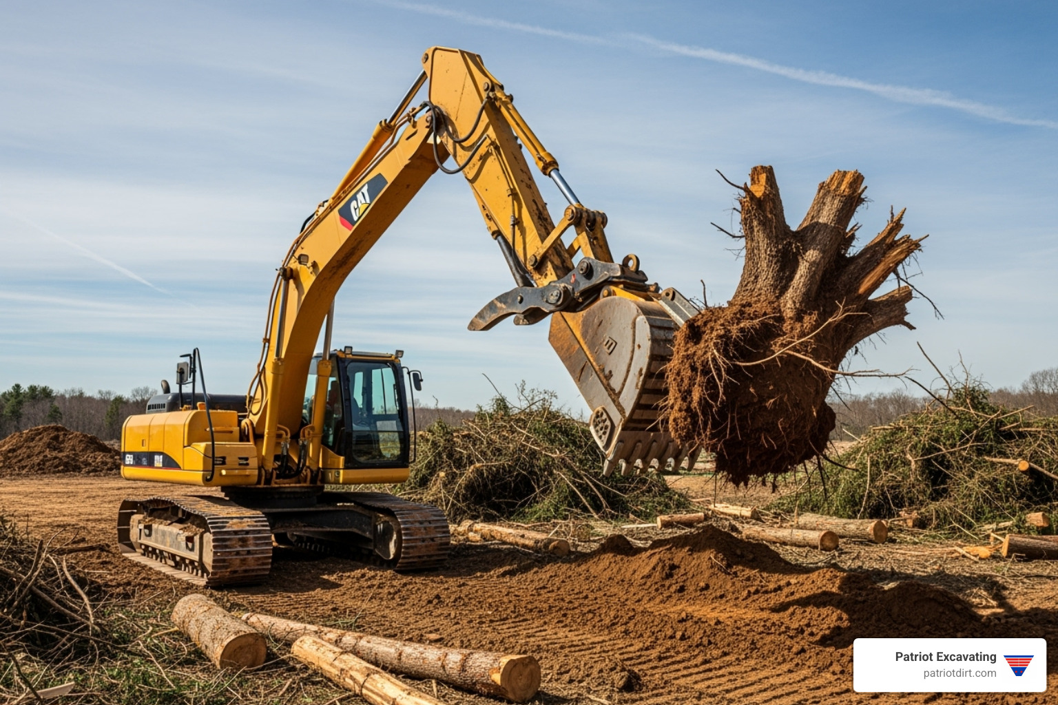Heavy-duty excavation equipment, like a track hoe with a thumb attachment, efficiently removing a large stump - Tree and stump removal