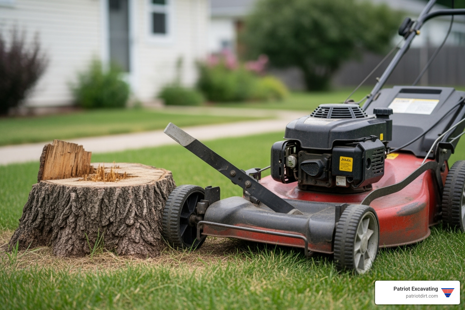 Damaged lawn mower next to a hidden tree stump - Tree and stump removal