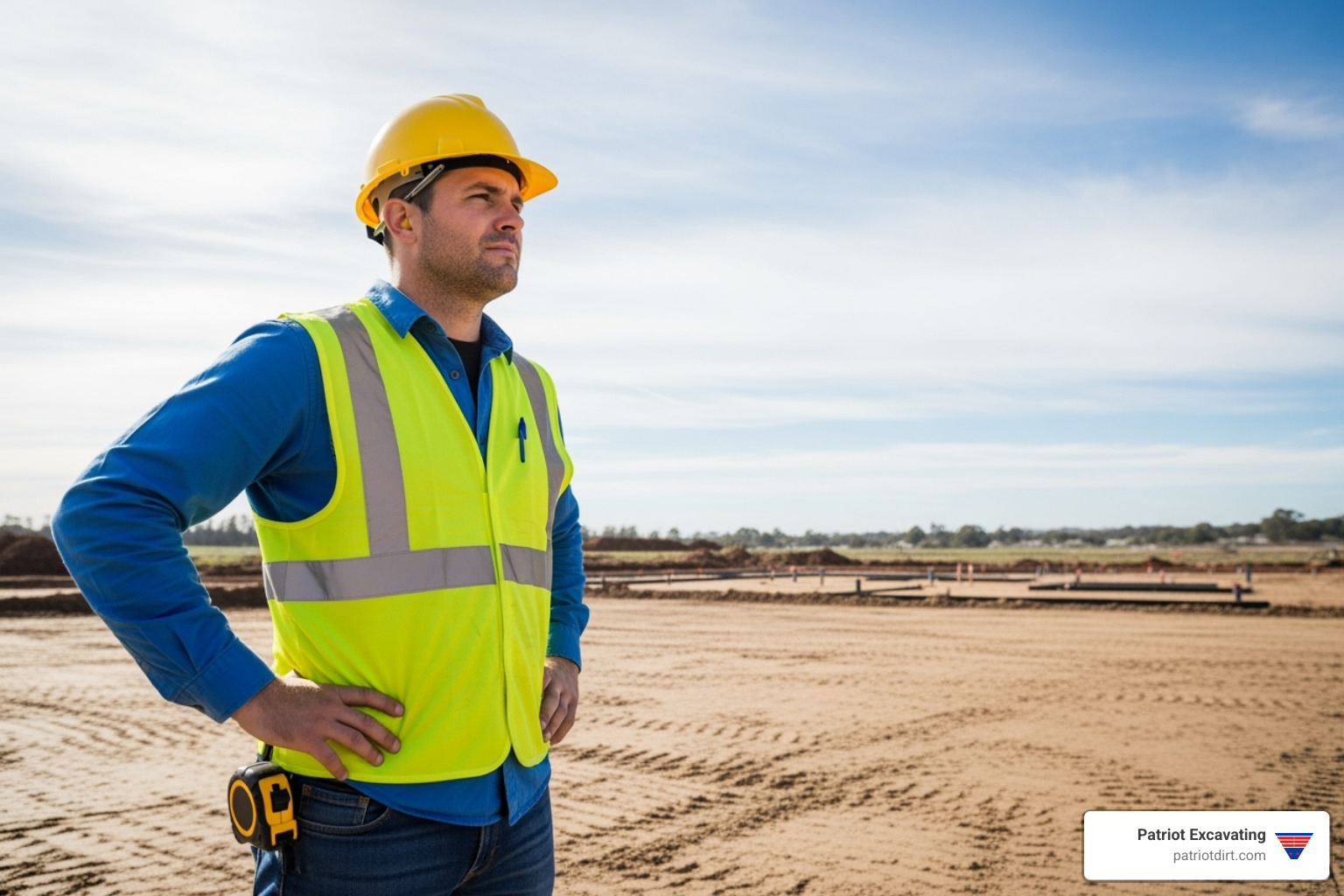 Patriot Excavating team member surveying a cleared site, ready for the next phase of development - Tree and stump removal