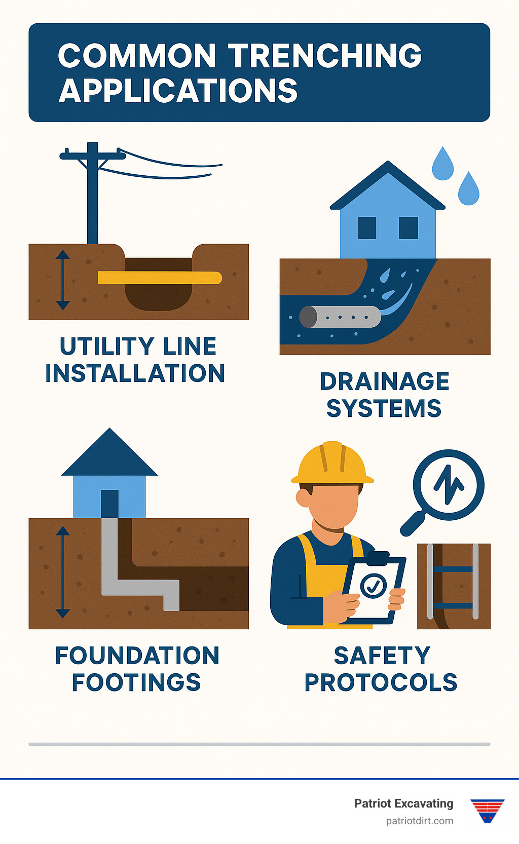 Infographic showing common trenching applications including utility line installation at 18-24 inches deep, drainage systems with proper slope requirements, foundation footings at minimum 6 feet depth, and safety protocols including utility locating and proper shoring techniques - trenching contractor near me infographic 