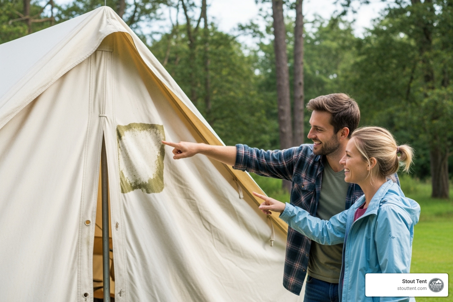 A male and female camper looking happy as they inspect a canvas tent, showing a clean, treated area next to a previously mildew-stained part, highlighting successful cleaning - clean canvas tent