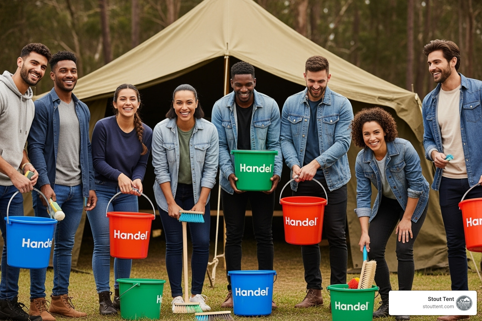 A diverse group of people, male and female, happily gathering cleaning supplies for a tent with brand-colored buckets and brushes, looking positive and ready - clean canvas tent