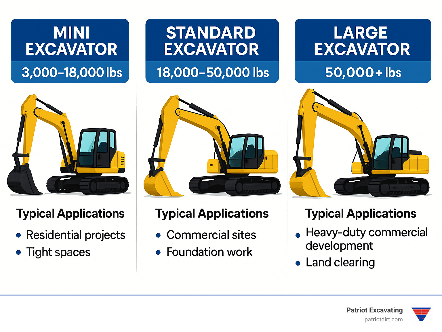 Infographic showing three excavator sizes - mini excavator (3,000-18,000 lbs) for residential projects and tight spaces, standard excavator (18,000-50,000 lbs) for commercial sites and foundation work, and large excavator (50,000+ lbs) for heavy-duty commercial development and land clearing, with typical applications listed for each category - excavator rental indianapolis infographic 