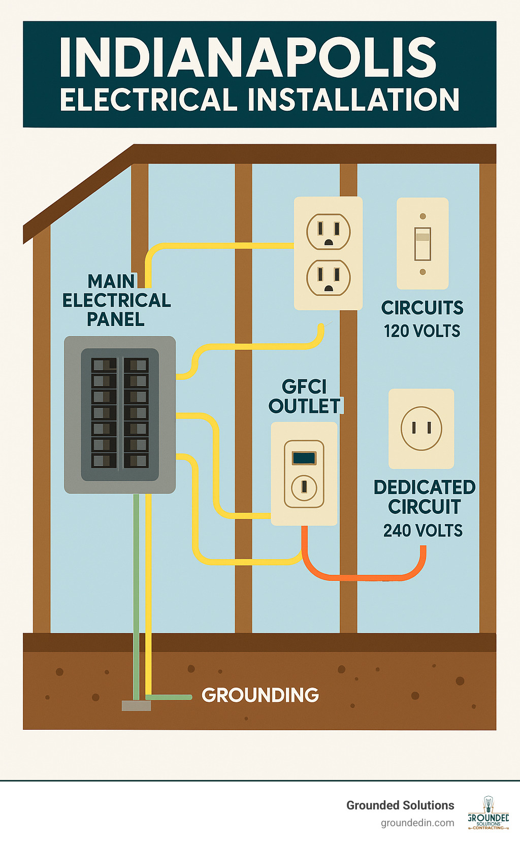Comprehensive infographic showing the essential components of a home electrical system including the main electrical panel with circuit breakers, individual circuits running through walls to outlets and switches, GFCI outlets in wet areas, dedicated circuits for major appliances, and proper grounding systems, with labels indicating voltage requirements and safety features for Indianapolis homes - Indianapolis Electrical Installation infographic Comprehensive infographic showing the essential components of a home electrical system including the main electrical panel with circuit breakers, individual circuits running through walls to outlets and switches, GFCI outlets in wet areas, dedicated circuits for major appliances, and proper grounding systems, with labels indicating voltage requirements and safety features for Indianapolis homes - Indianapolis Electrical Installation infographic