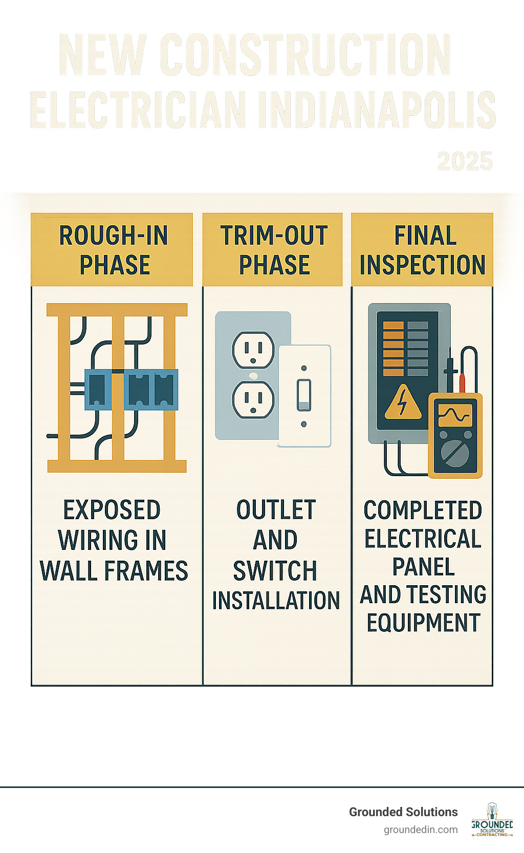 Infographic showing the three main phases of new construction electrical work: Rough-in phase with exposed wiring in wall frames, Trim-out phase with outlet and switch installation, and Final Inspection phase with completed electrical panel and testing equipment - new construction electrician Indianapolis infographic 