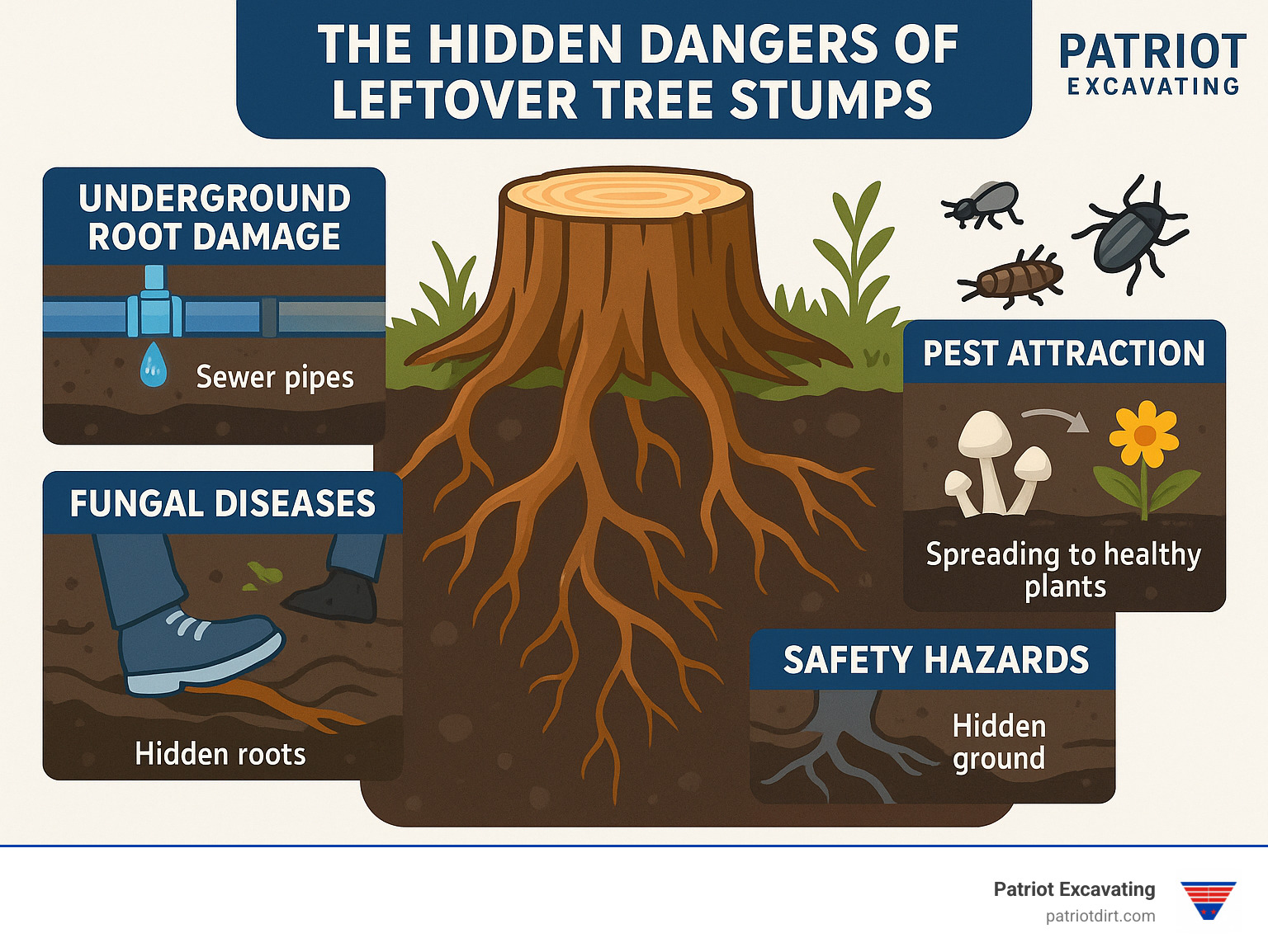 Detailed infographic showing the hidden dangers of leftover tree stumps including underground root damage to water lines and sewer pipes, pest attraction zones around decaying wood, fungal diseases spreading through soil to healthy plants, and safety hazards from hidden roots and uneven ground - Tree and stump removal infographic 