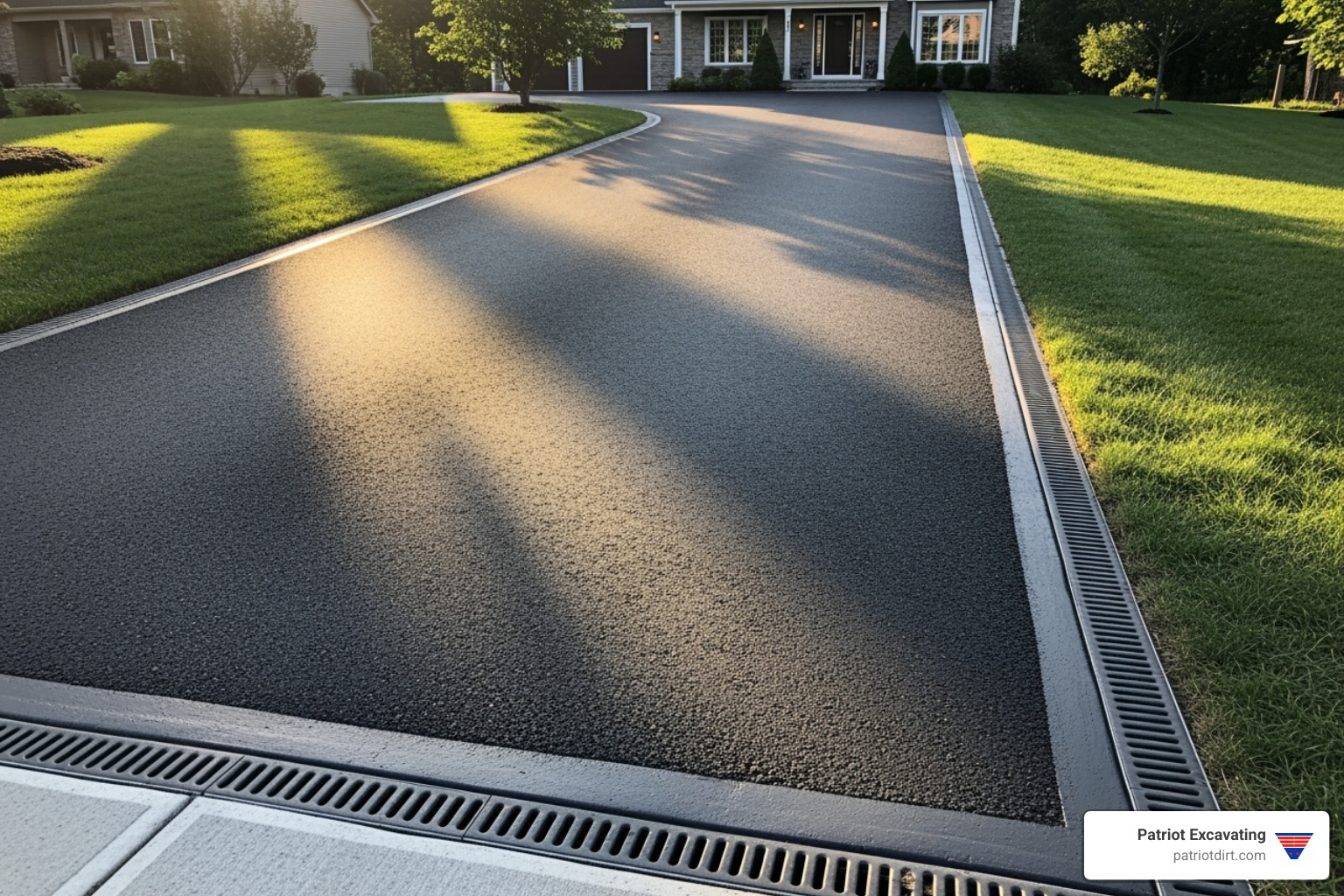 A professionally finished asphalt driveway with clear drainage and a smooth surface. - driveway grading near me