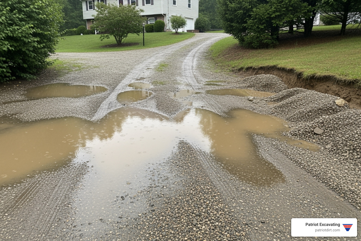 Signs of a driveway needing professional grading, including standing water, deep ruts, and gravel erosion. - driveway grading near me