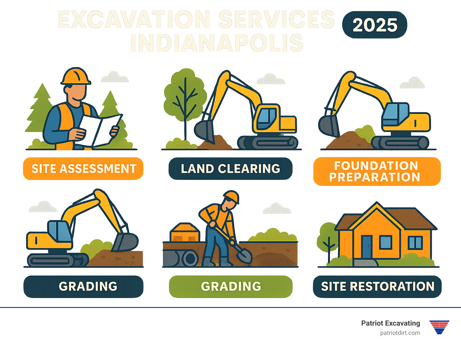 Comprehensive infographic showing the complete excavation process from initial site assessment and land clearing through foundation preparation, utility installation, grading, and final site restoration for Indianapolis area projects - excavation services indianapolis infographic 