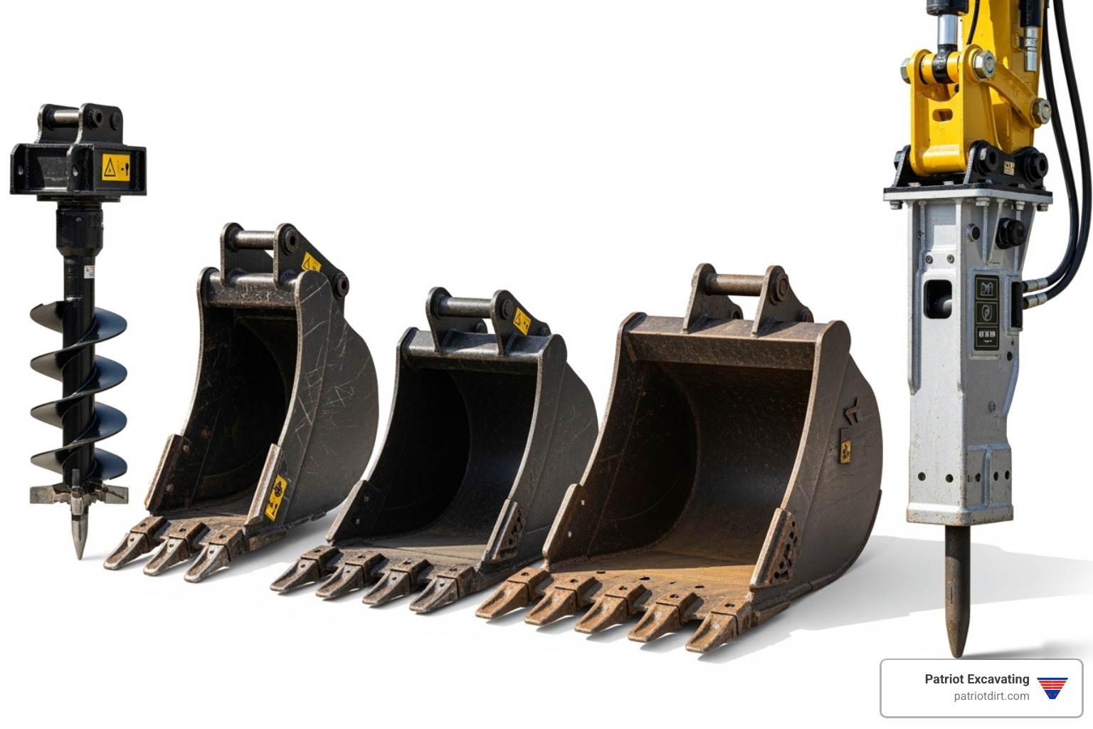 Various mini excavator attachments like buckets, an auger, and a hydraulic hammer - Mini excavator rental Indianapolis