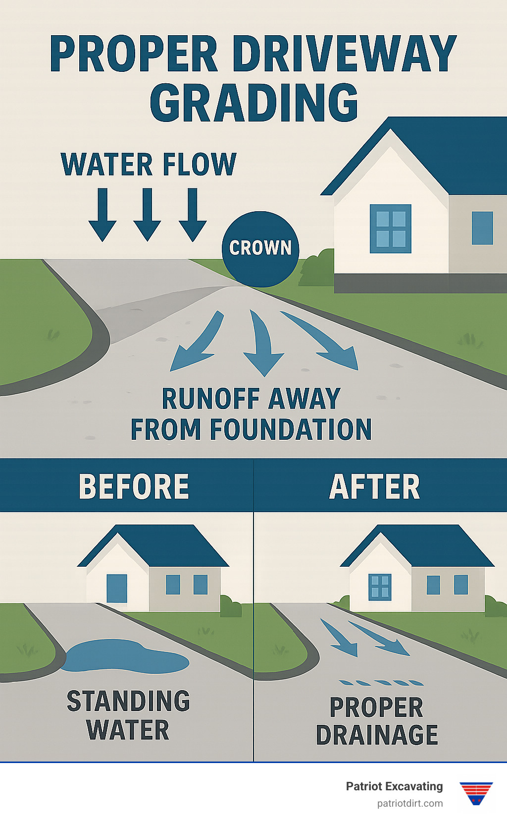Infographic showing proper driveway grading with water flow arrows directing runoff away from house foundation, crown placement in center of driveway, and before/after comparison of standing water versus proper drainage - driveway grading near me infographic 