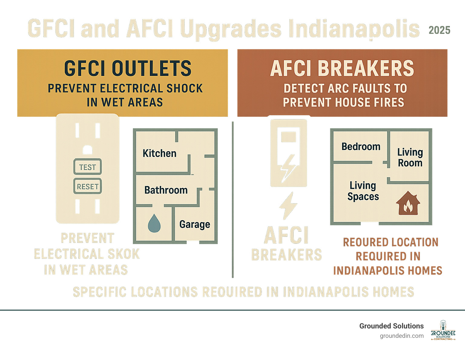Detailed comparison infographic showing GFCI outlets preventing electrical shock in wet areas versus AFCI breakers detecting arc faults to prevent house fires, with specific room locations for each type of protection required in Indianapolis homes - GFCI and AFCI Upgrades Indianapolis infographic 