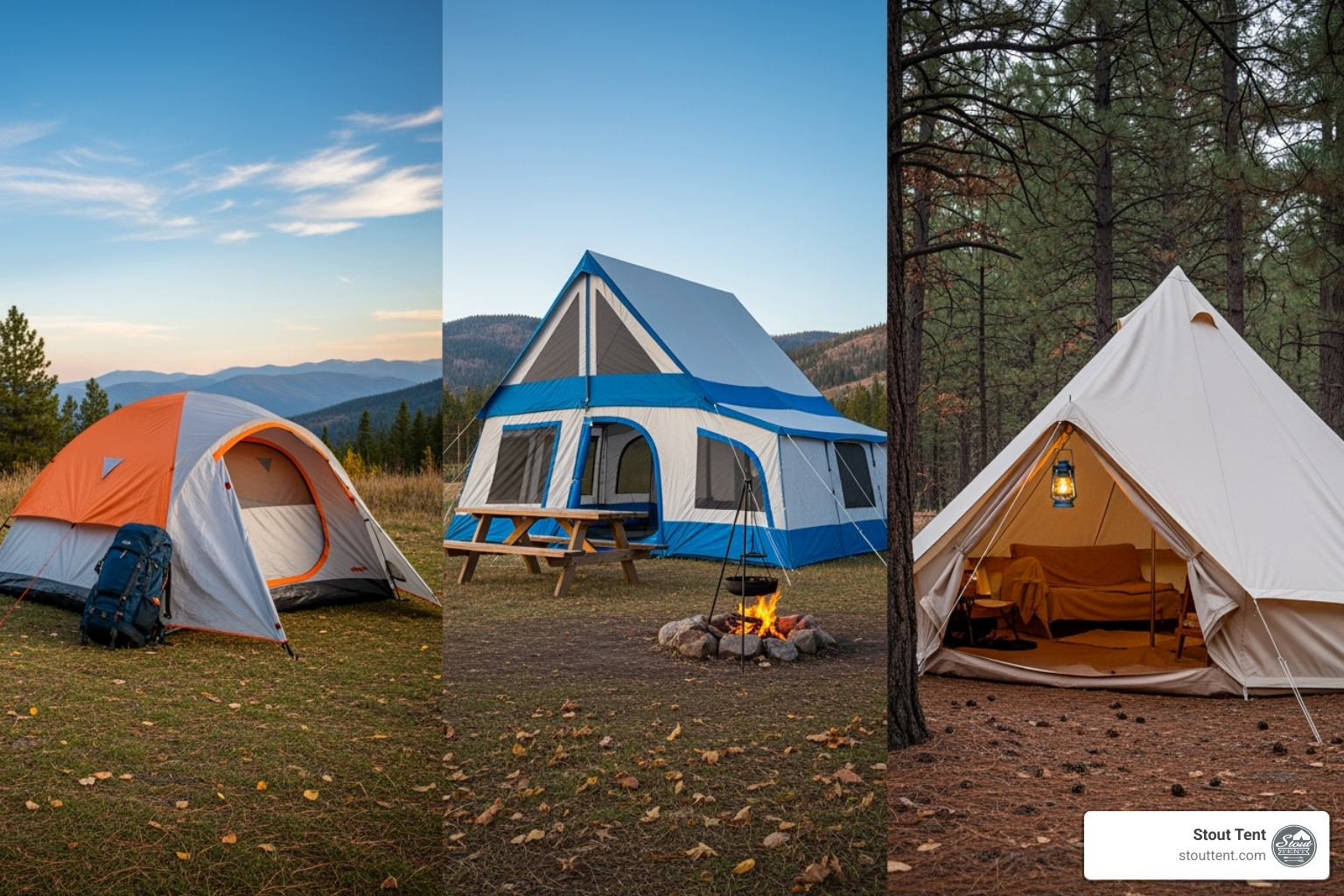 collage showing a dome tent, a cabin tent, and a canvas bell tent - family camping tents