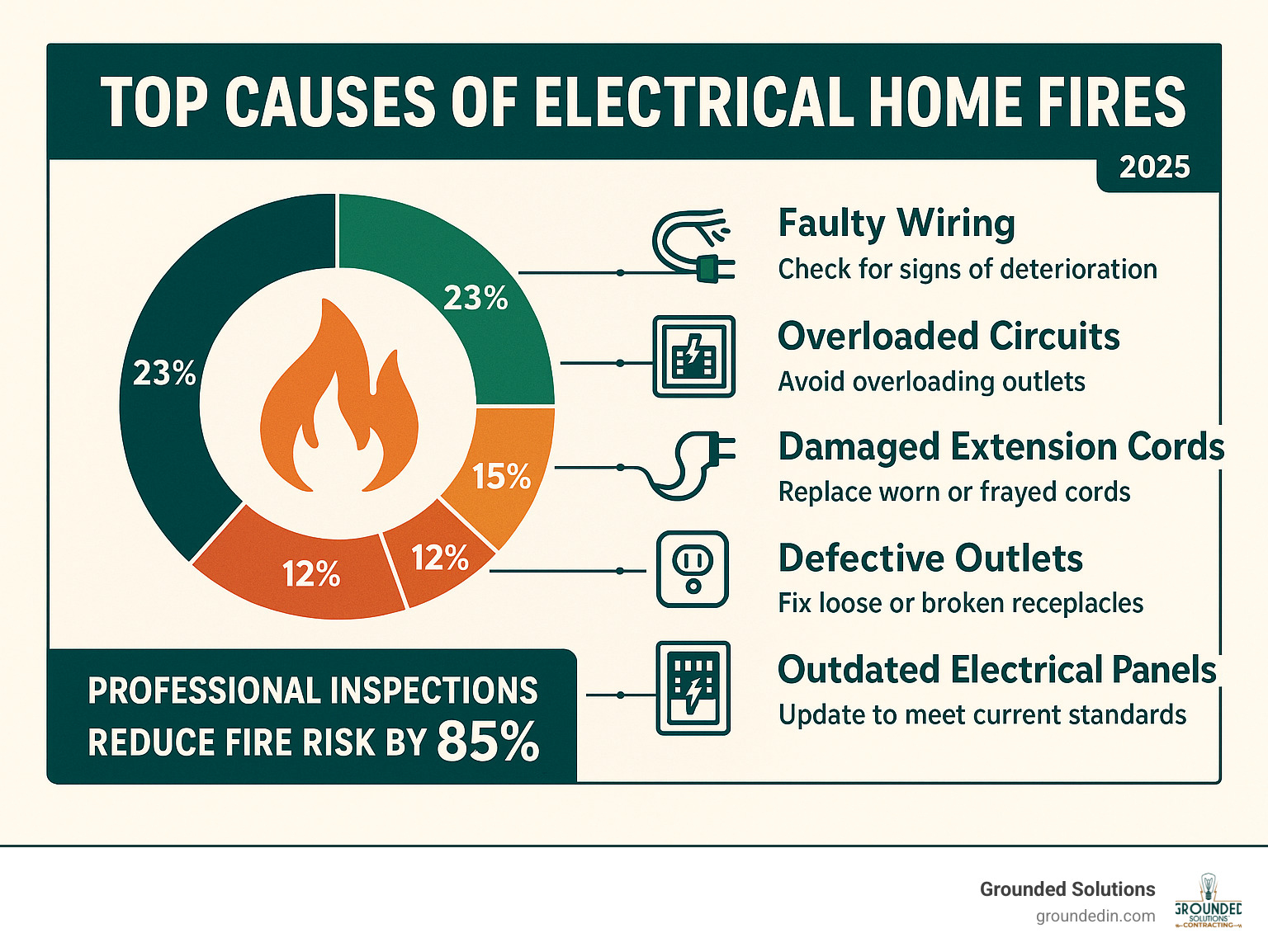 Comprehensive infographic showing the top 5 causes of electrical home fires: faulty wiring (23%), overloaded circuits (18%), damaged extension cords (15%), defective outlets (12%), and outdated electrical panels (11%), with prevention tips for each cause and statistics on how professional inspections reduce fire risk by 85% - professional electrical safety inspection infographic 
