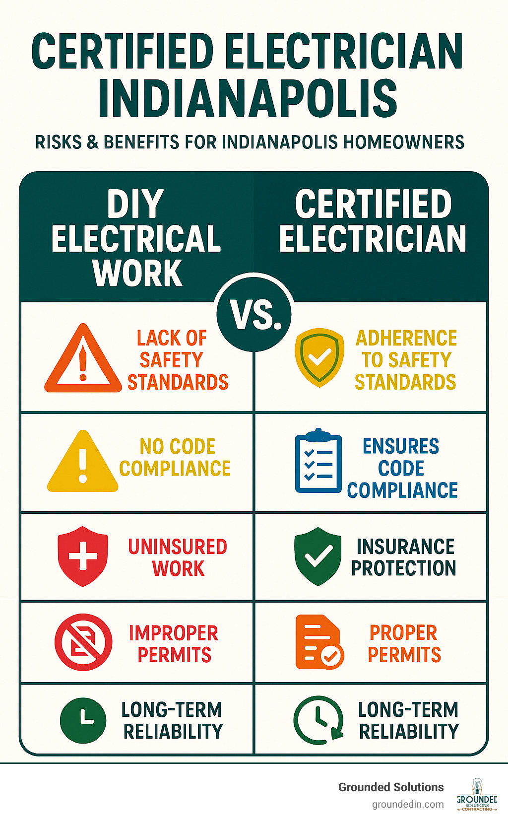 Infographic showing the differences between DIY electrical work risks versus certified electrician benefits, including safety standards, code compliance, insurance protection, proper permits, and long-term reliability for Indianapolis homeowners - Certified electrician Indianapolis infographic 