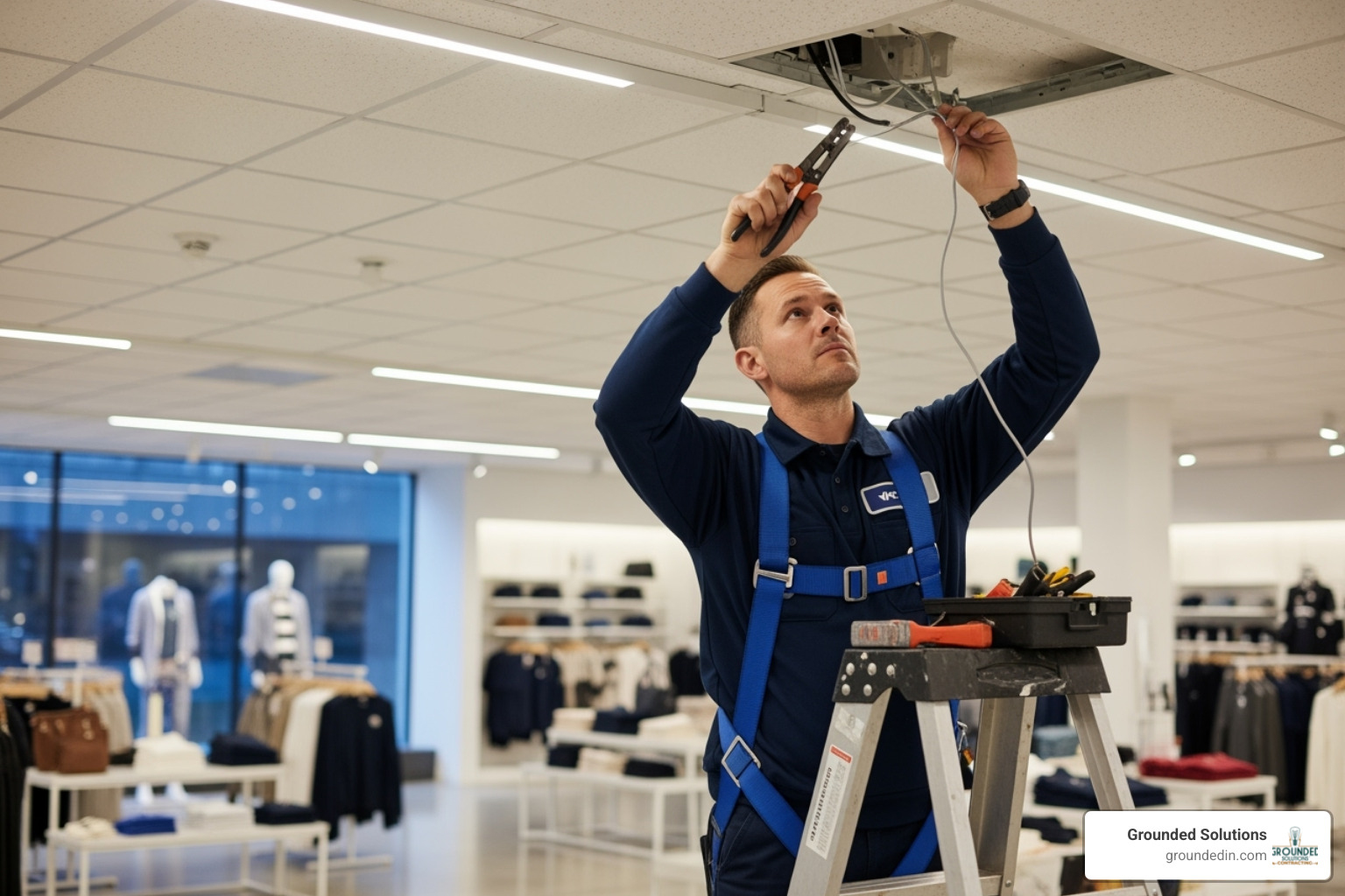 electrician working on commercial lighting in a retail space - Commercial electrical services Indianapolis