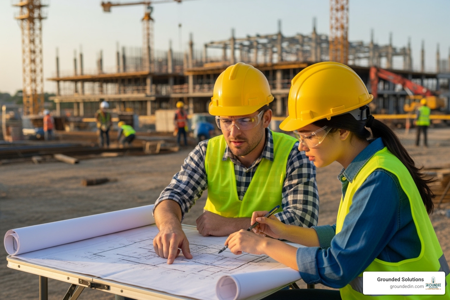 two professionals reviewing electrical blueprints on a construction site - Commercial electrical services Indianapolis
