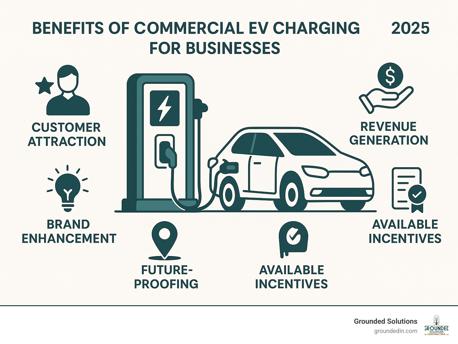 Benefits of Commercial EV Charging for Businesses - Customer Attraction, Employee Retention, Revenue Generation, Brand Improvement, Future-Proofing, and Available Incentives - Business EV charging solutions infographic 