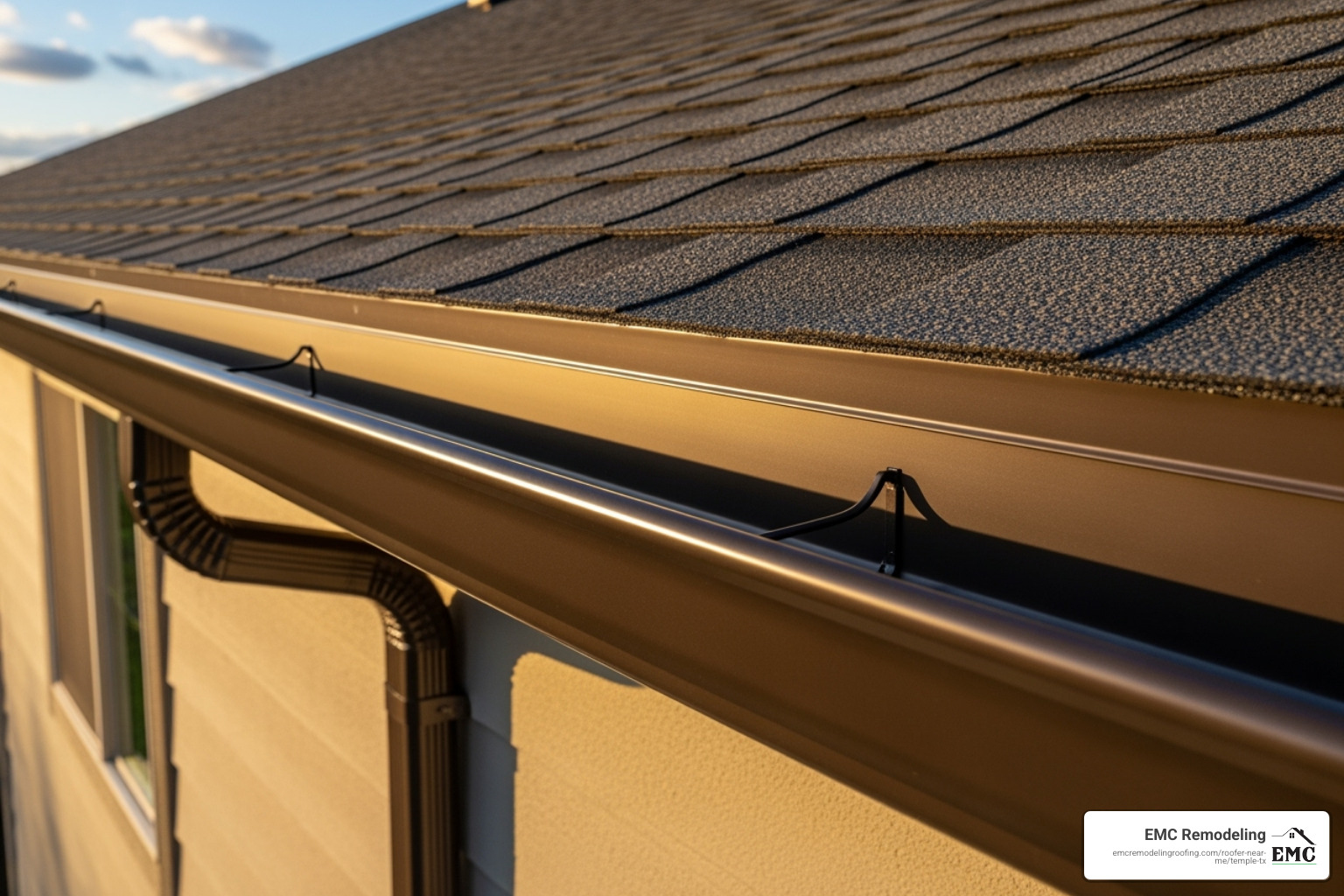 clean gutter system on a well-maintained roof - Central Texas roofing