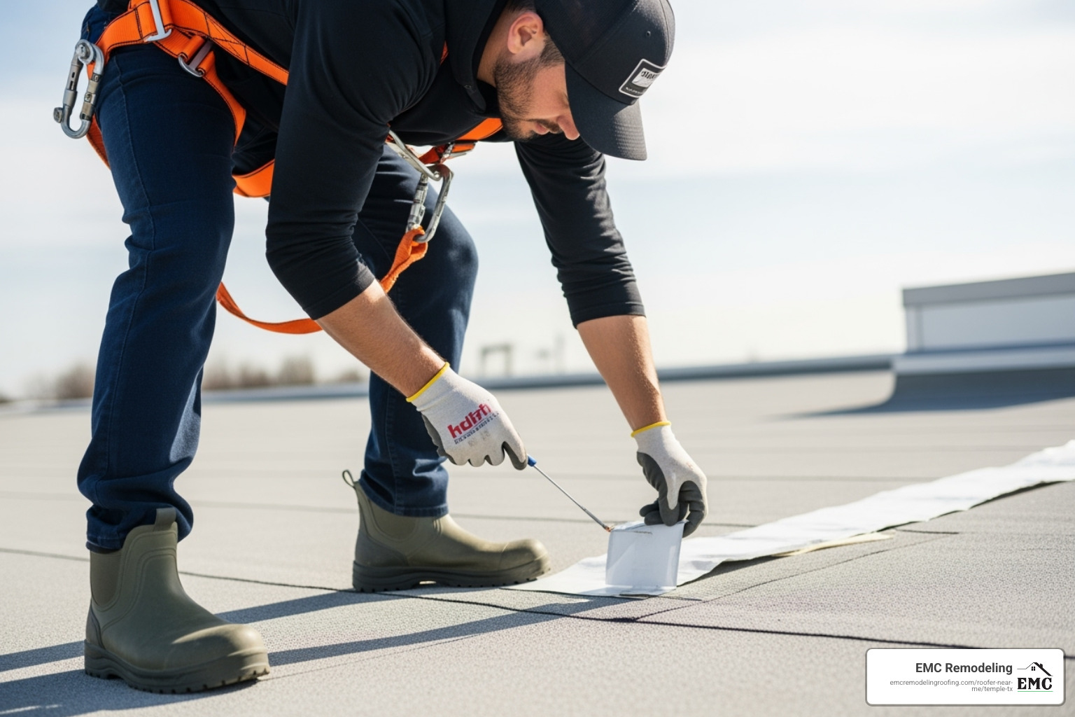 worker on commercial roof wearing safety harness and non-slip boots - emergency roof patching