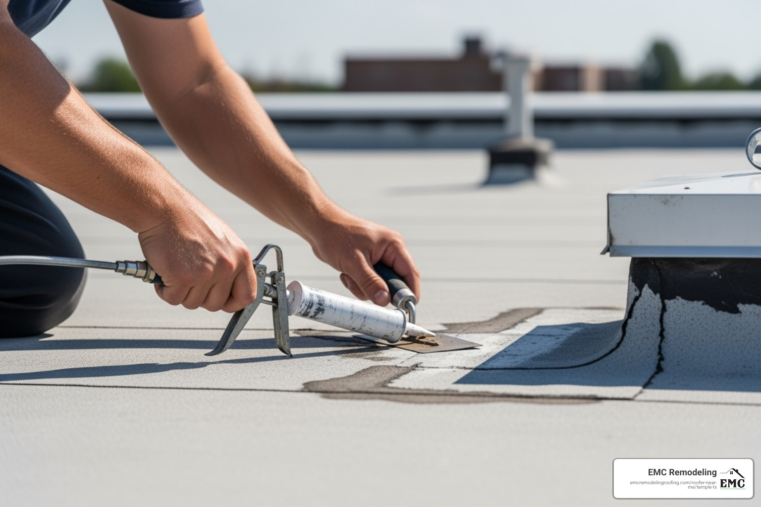 process of applying a temporary patch to a flat commercial roof - emergency roof patching