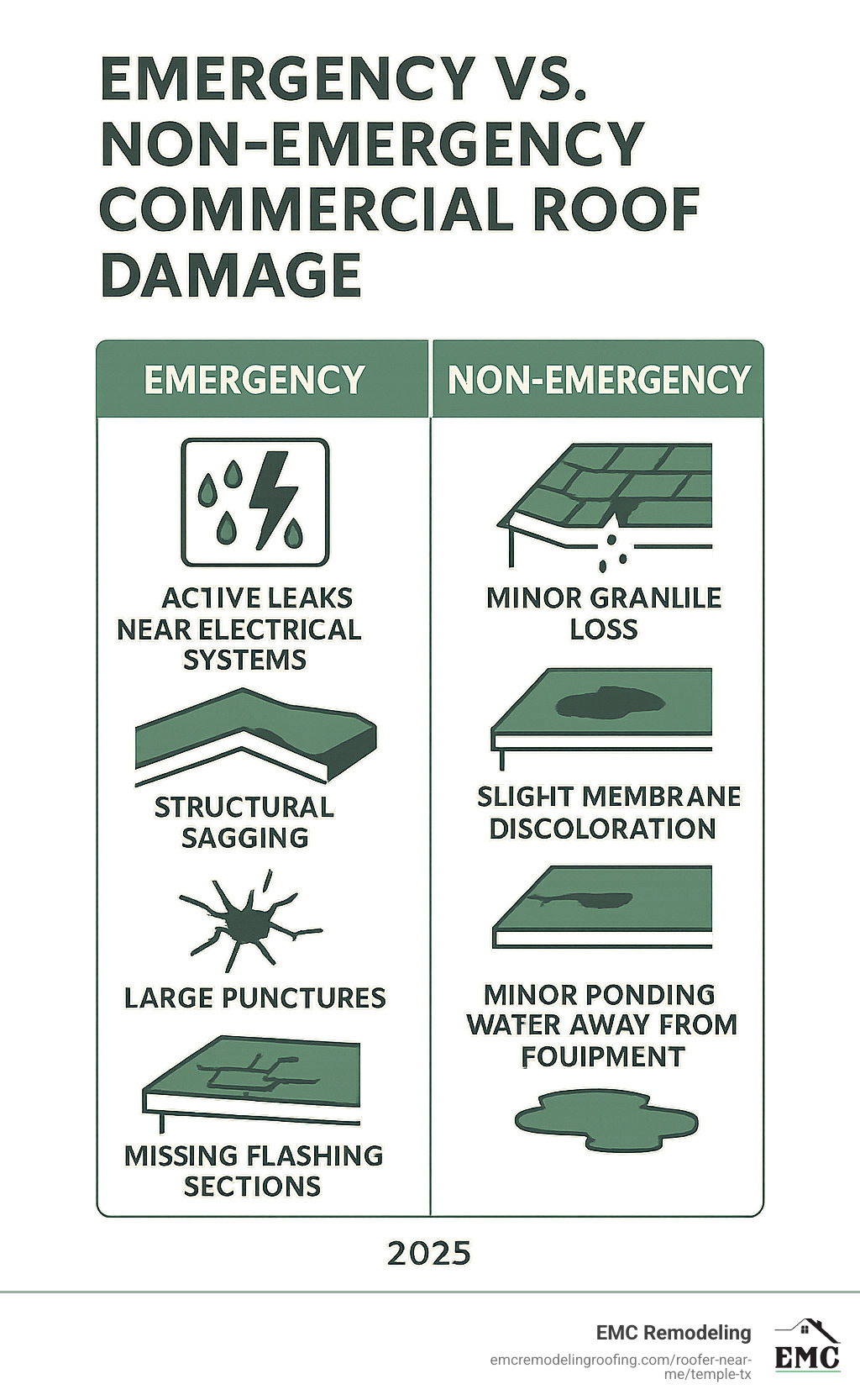Infographic showing emergency vs non-emergency commercial roof damage: Emergency situations include active leaks near electrical systems, structural sagging, large punctures, and missing flashing sections. Non-emergency issues include minor granule loss, small cracks in sealant, slight membrane discoloration, and minor ponding water away from equipment - emergency roof patching infographic 