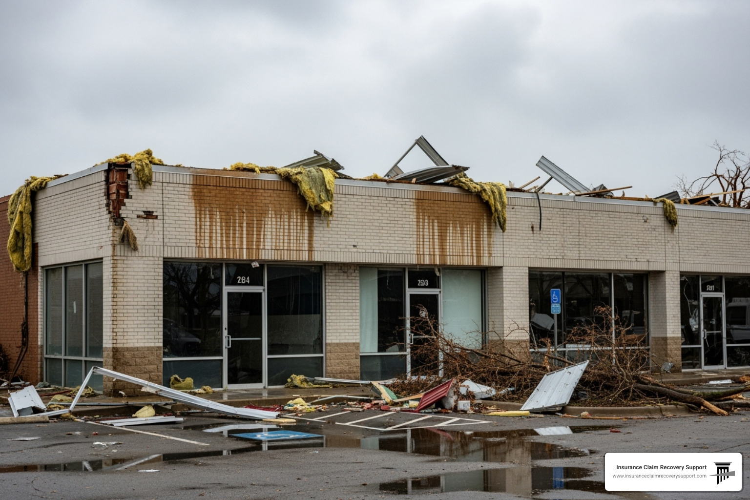 A commercial building in Houston with hurricane damage, showing missing roof sections and water stains on the exterior walls, with debris scattered around the property. - texas dept of insurance A commercial building in Houston with hurricane damage, showing missing roof sections and water stains on the exterior walls, with debris scattered around the property. - texas dept of insurance