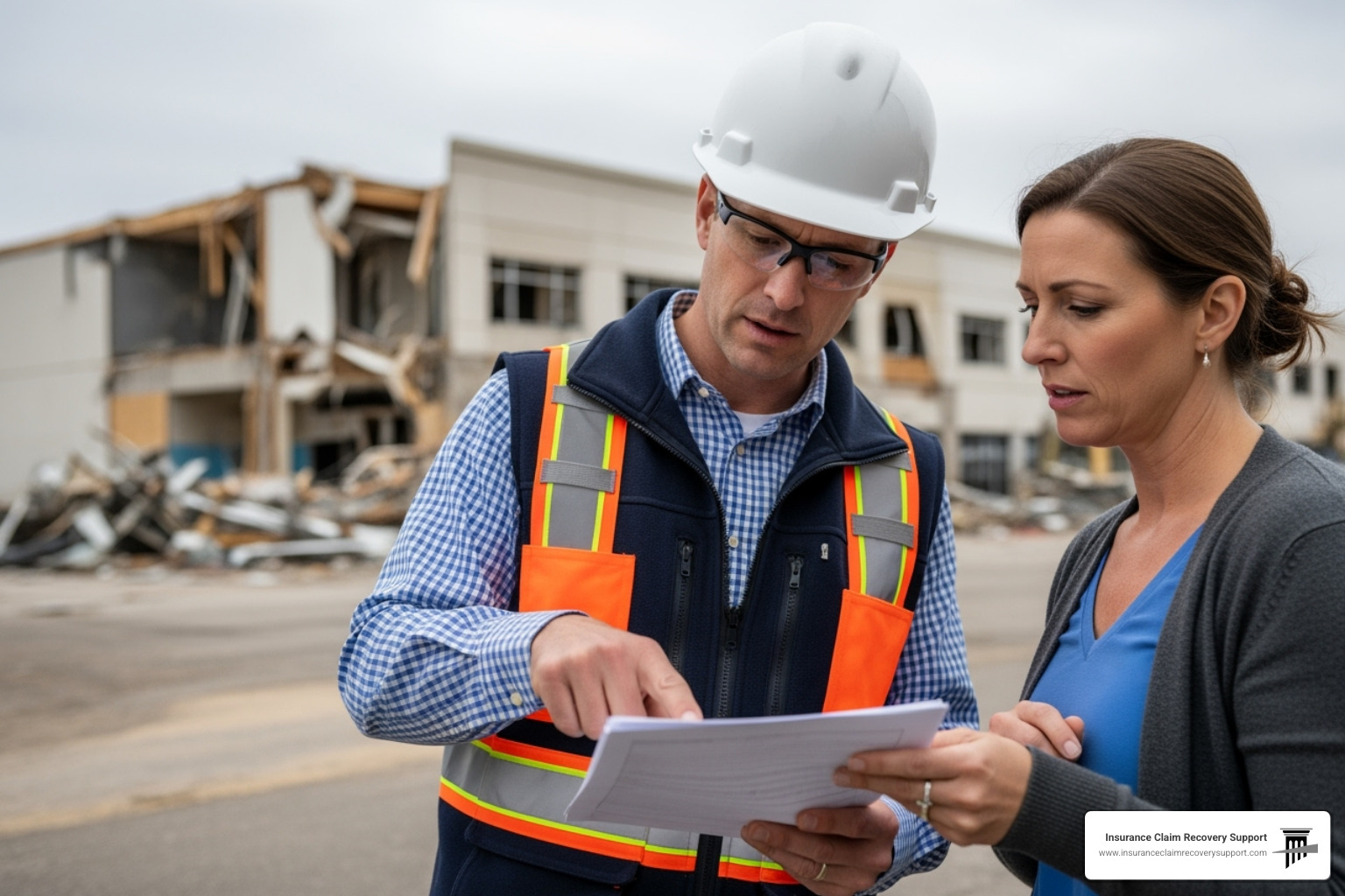 A public adjuster in a hard hat reviewing documents with a commercial property owner, with a damaged building in the background, symbolizing collaboration and recovery. - texas dept of insurance A public adjuster in a hard hat reviewing documents with a commercial property owner, with a damaged building in the background, symbolizing collaboration and recovery. - texas dept of insurance