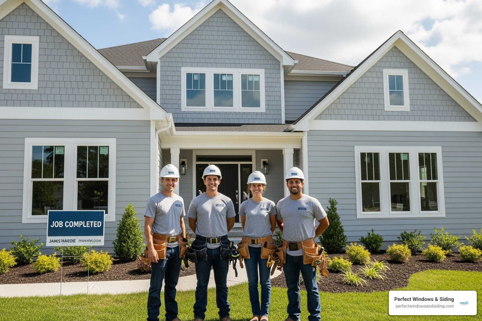 Perfect Windows & Siding team in front of a completed James Hardie project - james hardie siding installer Perfect Windows & Siding team in front of a completed James Hardie project - james hardie siding installer