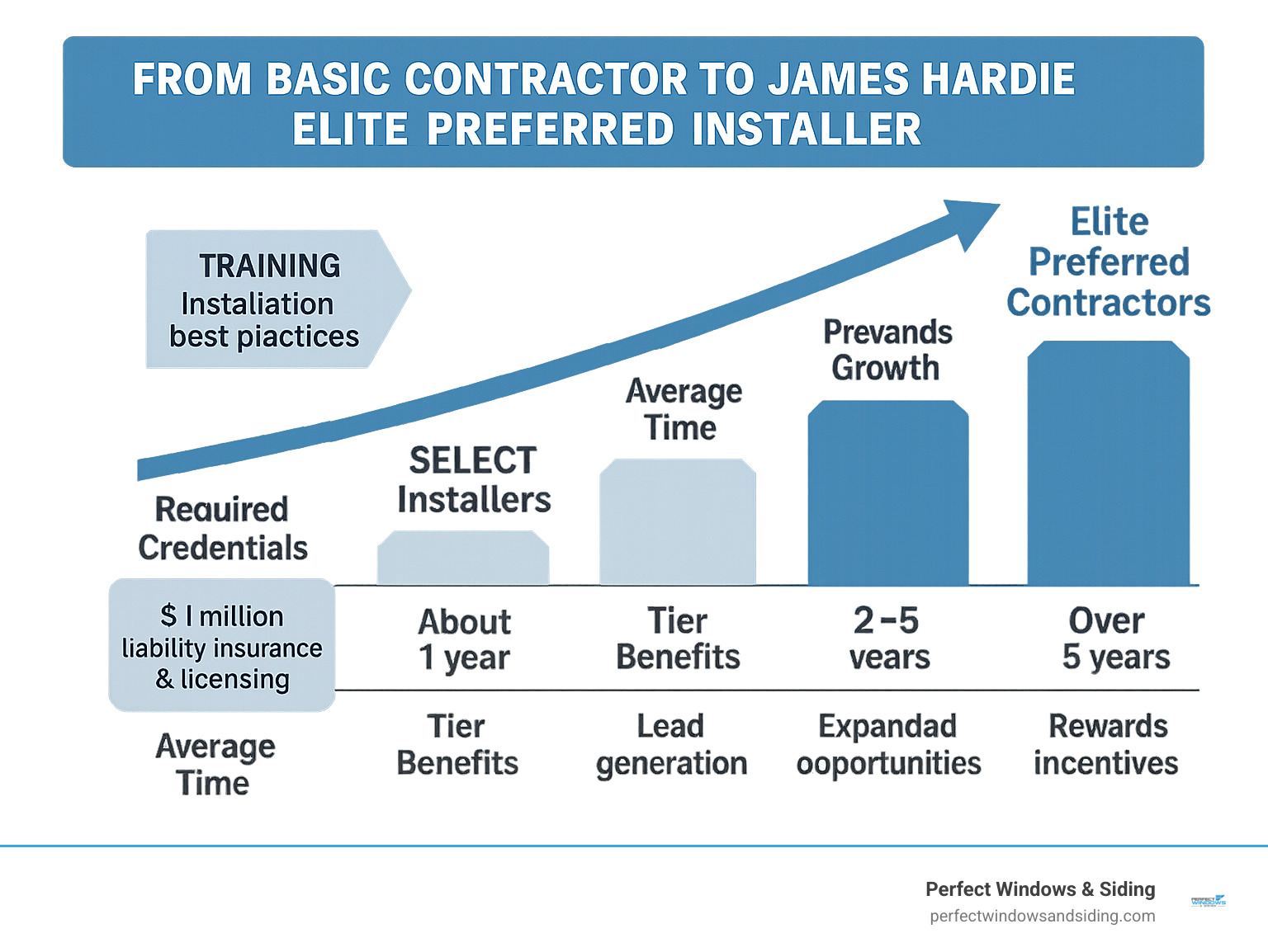 Detailed infographic showing the progression pathway from basic contractor to James Hardie Elite Preferred installer, including required credentials, training milestones, tier benefits, average timeframes, and business growth opportunities at each certification level - james hardie siding installer infographic Detailed infographic showing the progression pathway from basic contractor to James Hardie Elite Preferred installer, including required credentials, training milestones, tier benefits, average timeframes, and business growth opportunities at each certification level - james hardie siding installer infographic