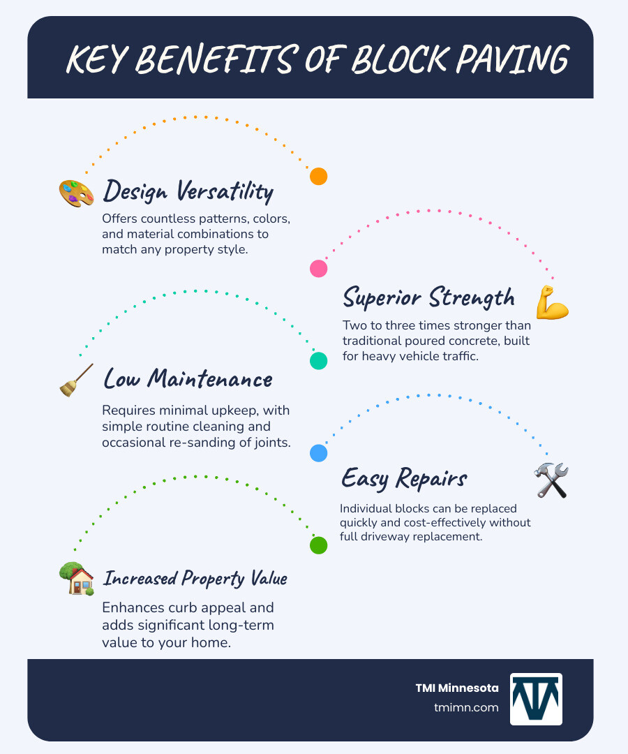 Infographic showing block paving benefits: Aesthetic Variety with multiple pattern options, Superior Strength compared to concrete and asphalt, Low Maintenance with easy individual block replacement, and Easy Repairs without full surface replacement - block paving driveway designs infographic infographic-line-5-steps-blues-accent_colors Infographic showing block paving benefits: Aesthetic Variety with multiple pattern options, Superior Strength compared to concrete and asphalt, Low Maintenance with easy individual block replacement, and Easy Repairs without full surface replacement - block paving driveway designs infographic infographic-line-5-steps-blues-accent_colors