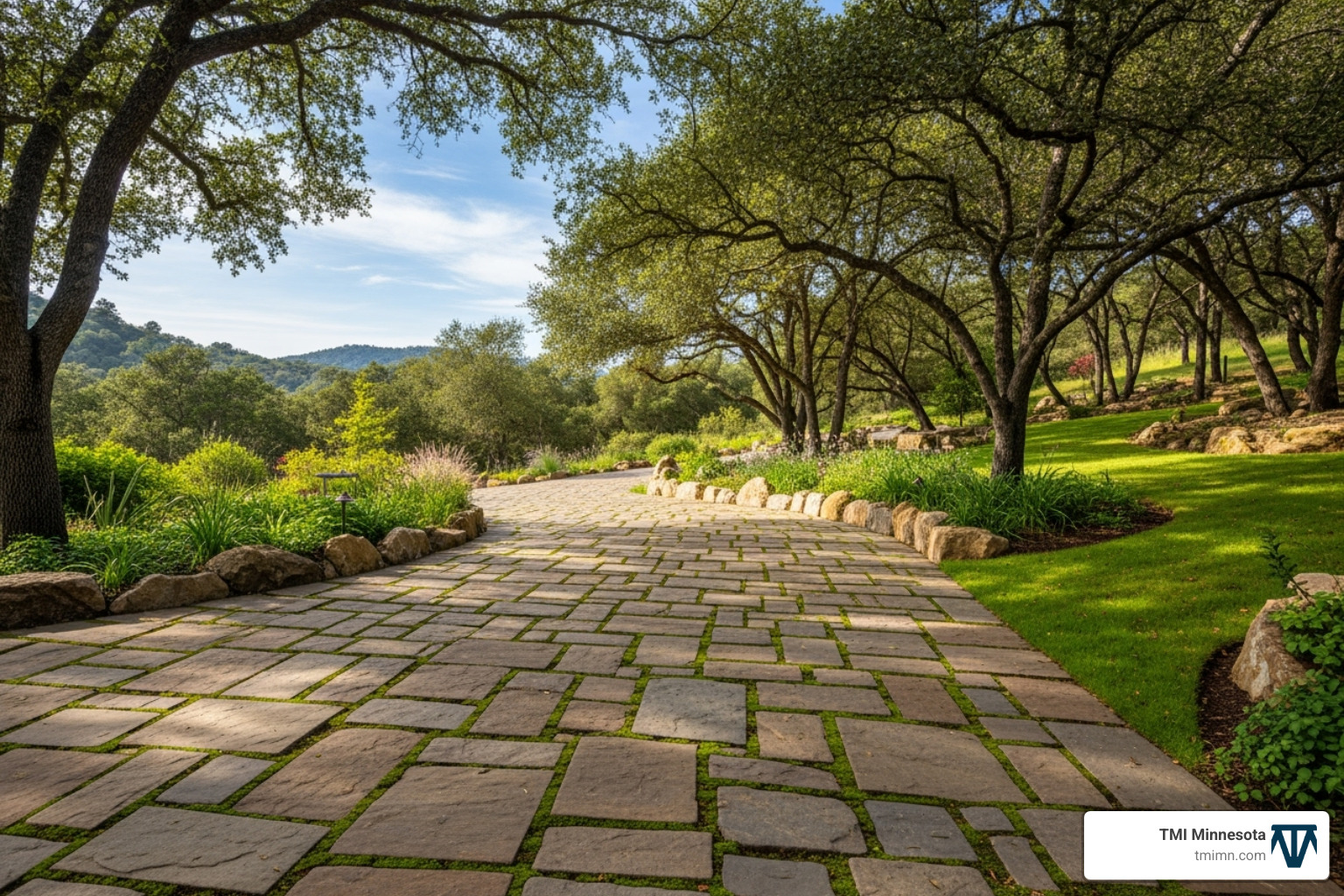 large, rustic driveway with random-laid natural stone pavers - block paving driveway designs