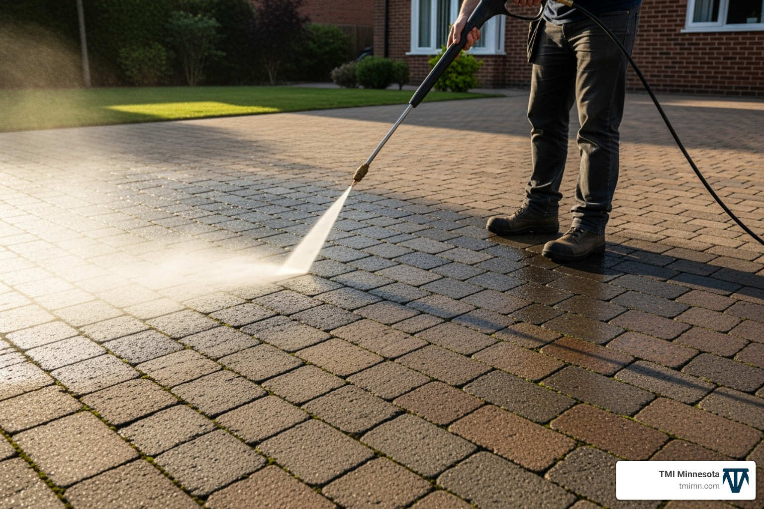 person cleaning a block paving driveway with a pressure washer - block paving driveway designs
