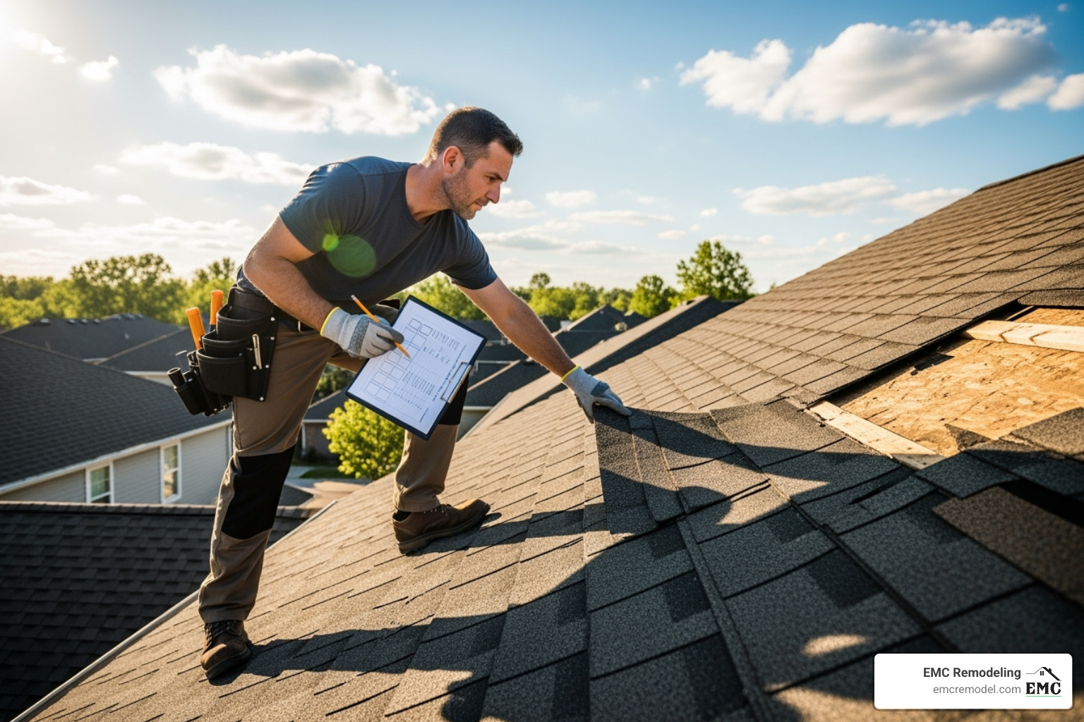 A roofer inspecting a damaged roof with a checklist. - residential roofing Temple