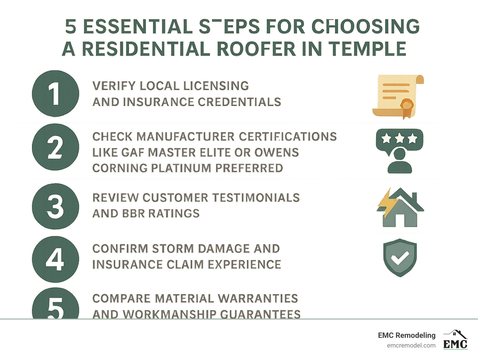 Infographic showing the 5 essential steps for choosing a residential roofer in Temple: 1) Verify local licensing and insurance credentials, 2) Check manufacturer certifications like GAF Master Elite or Owens Corning Platinum Preferred, 3) Review customer testimonials and BBB ratings, 4) Confirm storm damage and insurance claim experience, 5) Compare material warranties and workmanship guarantees - residential roofing Temple infographic 