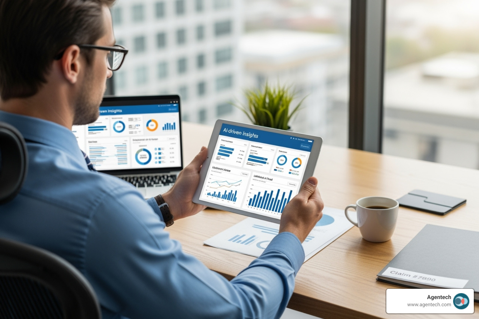 Claims adjuster using a tablet to review AI-driven insights - AI claims processing system