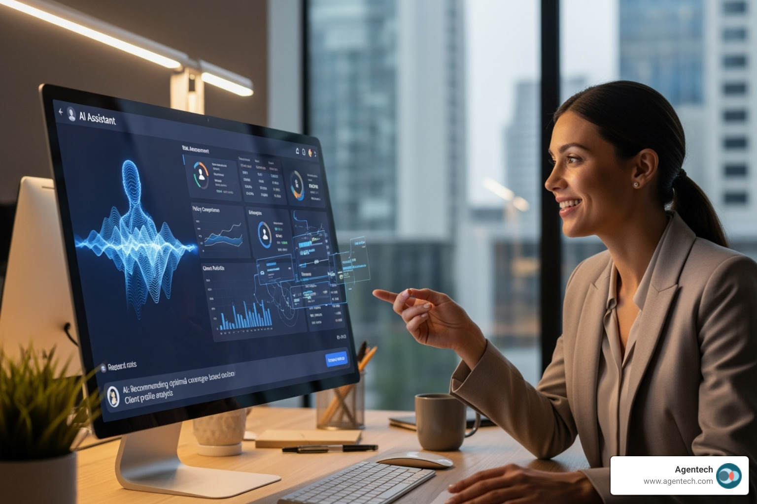 smiling insurance agent collaborating with an AI assistant on a computer - ai assistant for insurance