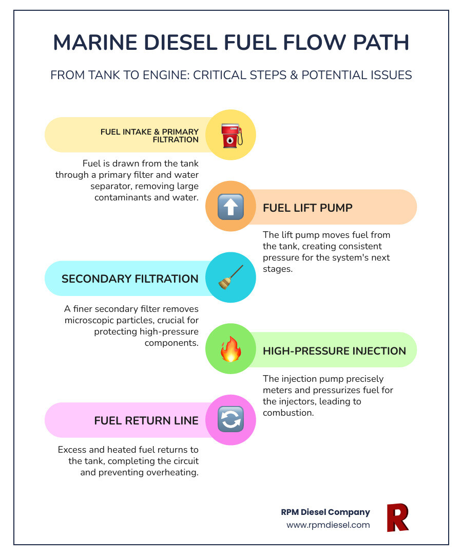Infographic showing diesel fuel flow path from marine diesel tank through primary fuel filter, water separator, fuel lift pump, secondary fuel filter, high-pressure injection pump, and fuel injectors, with return line back to tank, highlighting critical connection points and potential failure areas - Diesel generator fuel lines infographic infographic-line-5-steps-colors