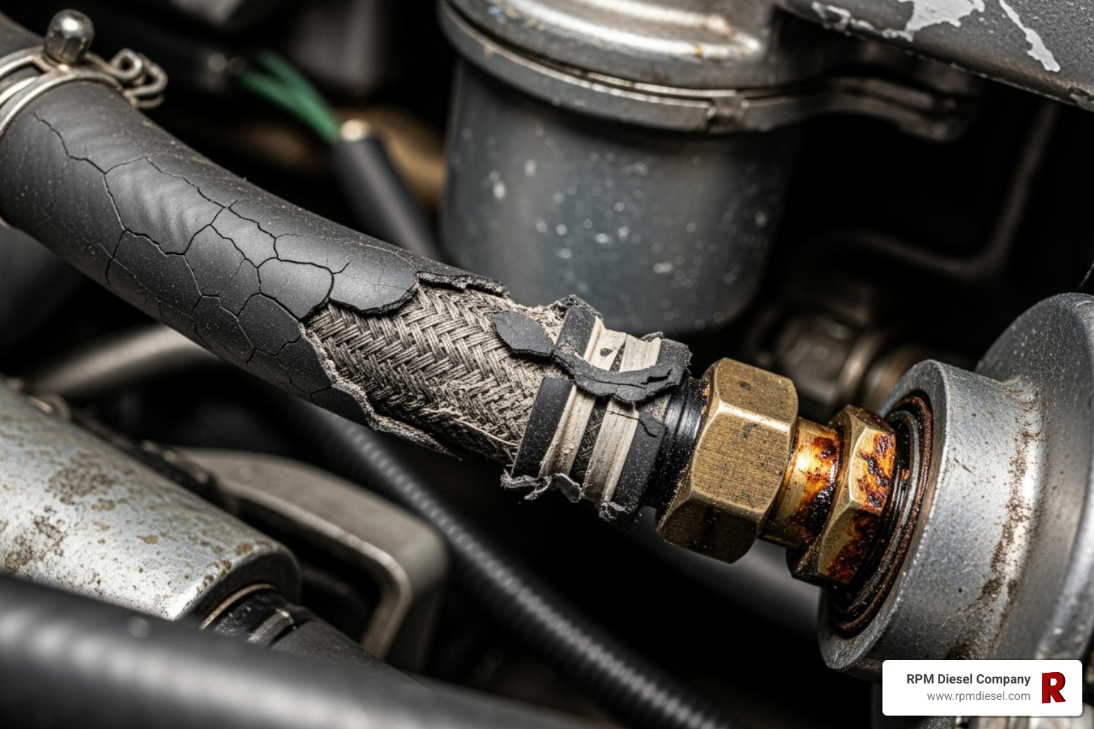 cracked and deteriorated rubber fuel line on a boat - Diesel generator fuel lines