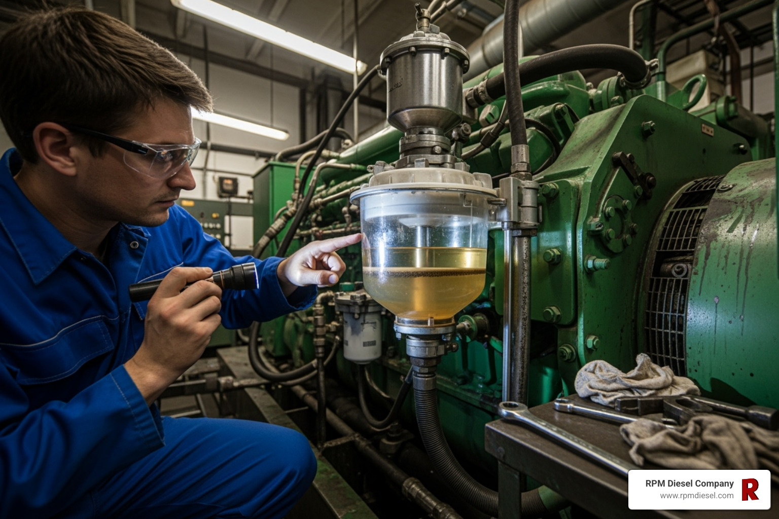 technician inspecting a fuel filter water separator bowl - Diesel generator fuel lines
