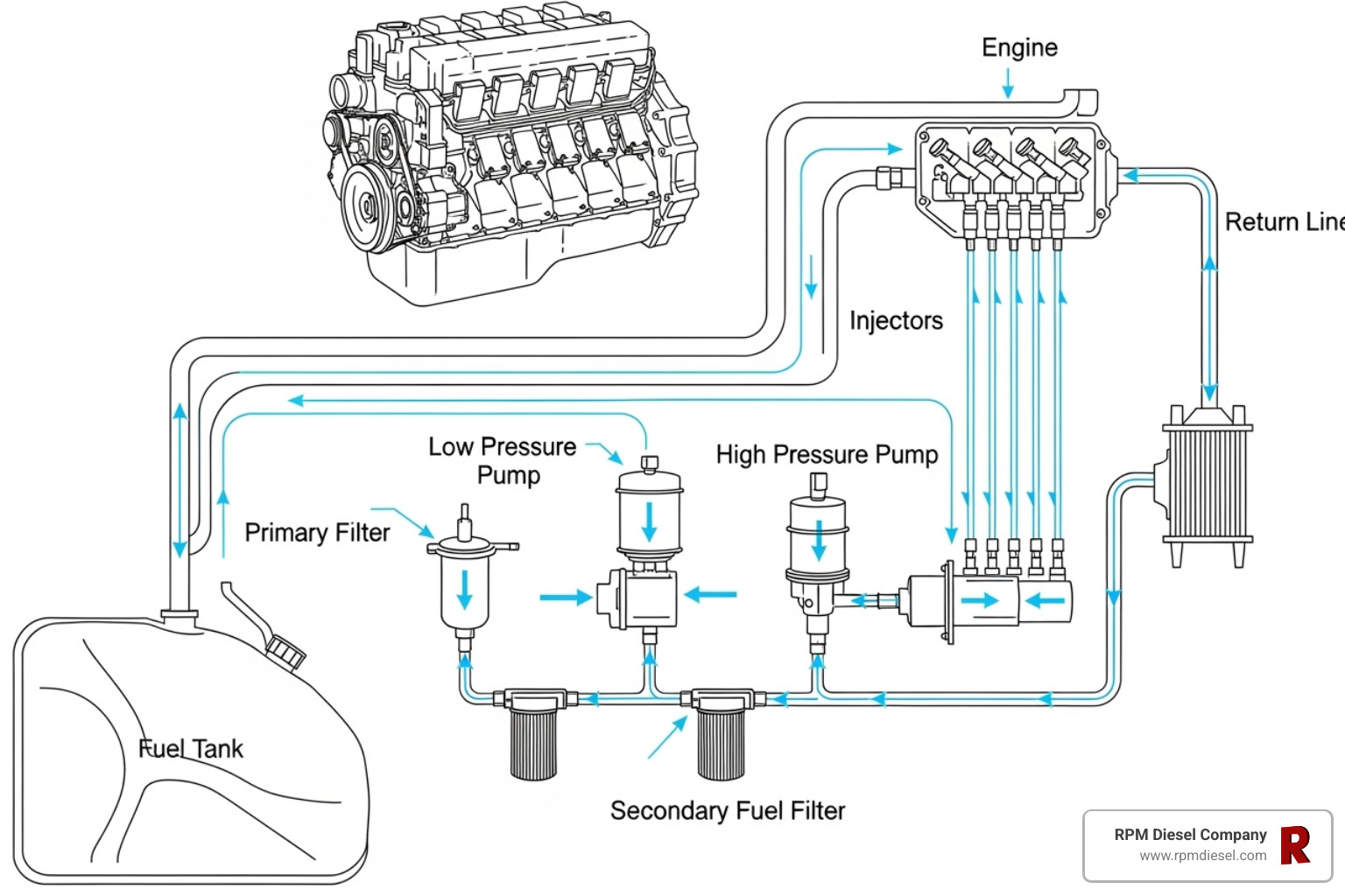 labeled diagram of a marine diesel fuel system - Diesel generator fuel lines