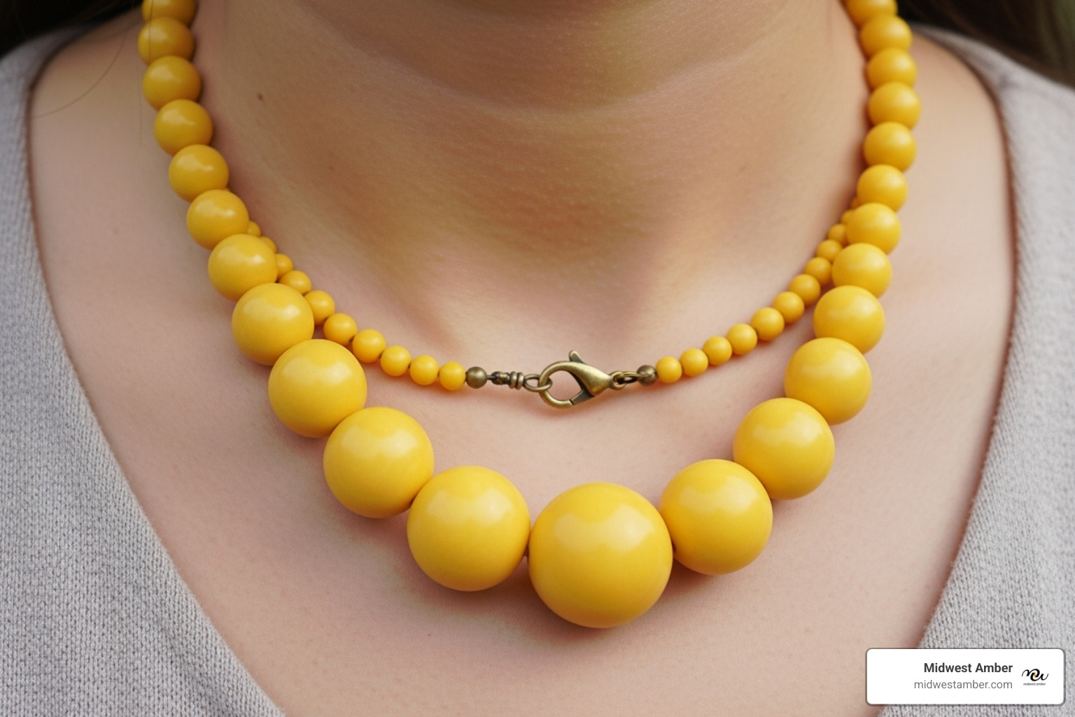 A person wearing a vintage-style egg yolk amber bead necklace, showcasing its rich, opaque yellow color and classic design - egg yolk amber necklace