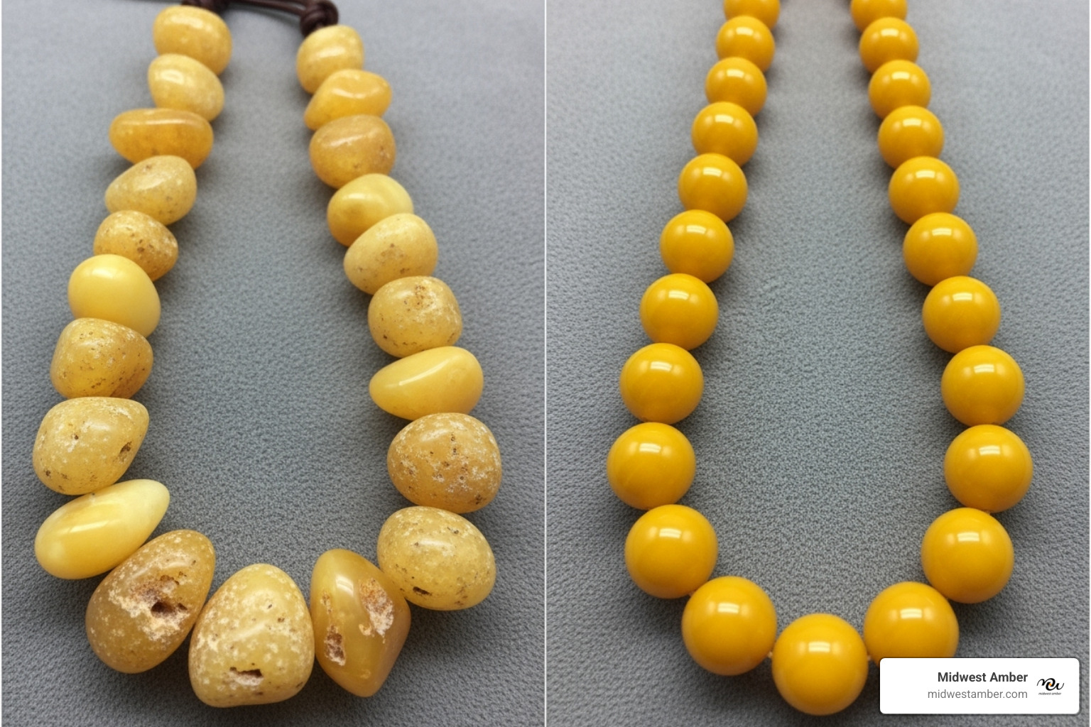 A side-by-side comparison showing a raw nugget egg yolk amber necklace on one side and a polished, perfectly rounded egg yolk amber beaded necklace on the other, highlighting the contrast in textures and finishes - egg yolk amber necklace