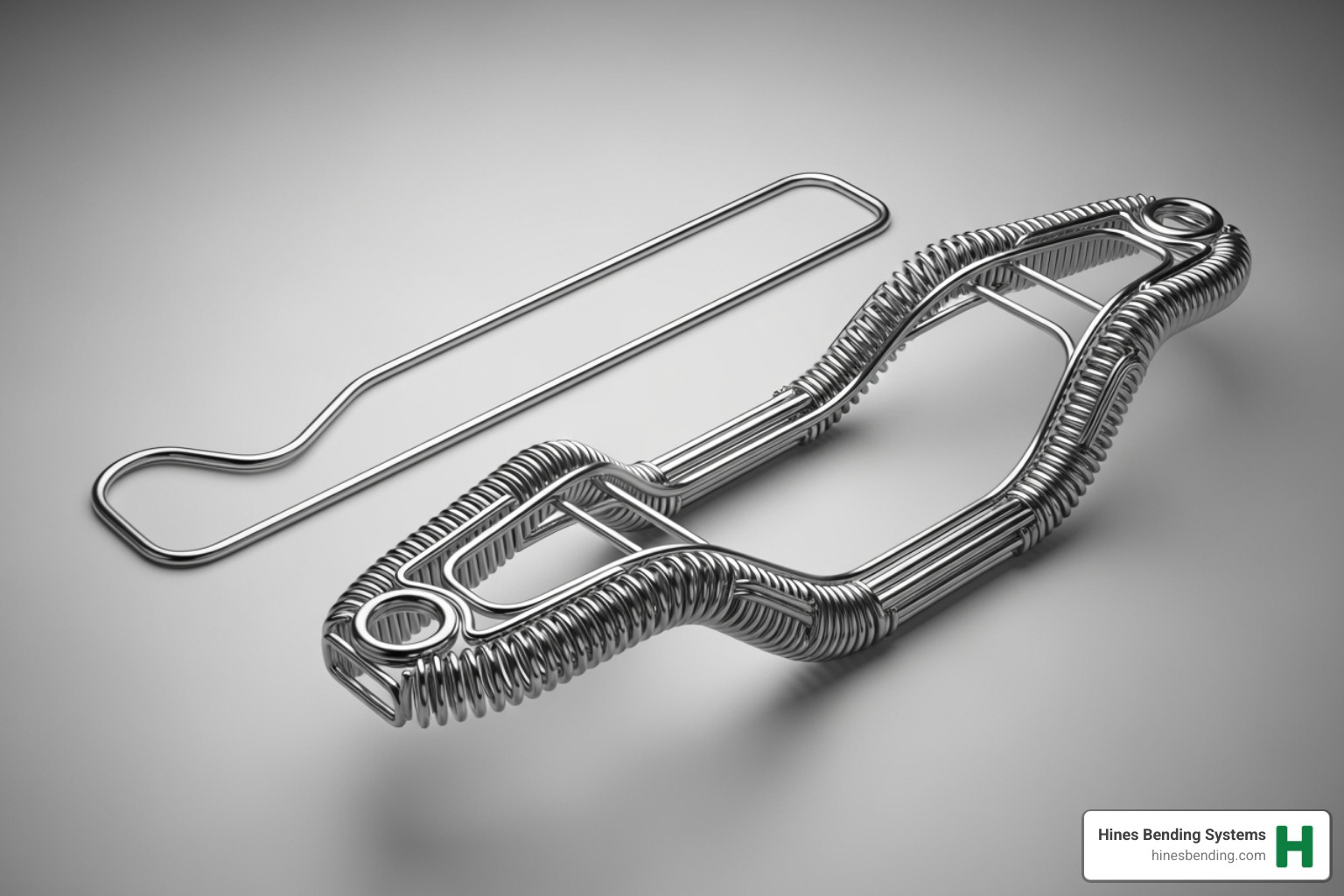 A 2D part next to a complex 3D part - cnc wire forming machine