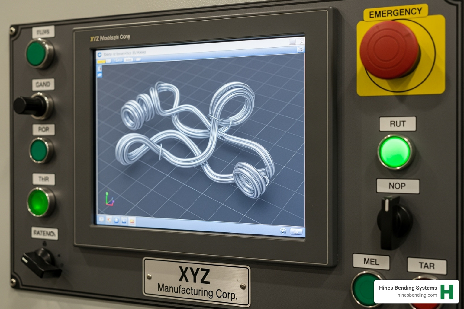 A machine's control panel displaying a 3D part model - cnc wire forming machine